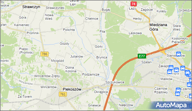 mapa Brynica gmina Piekoszów, Brynica gmina Piekoszów na mapie Targeo