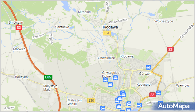 mapa Chwalęcice gmina Kłodawa, Chwalęcice gmina Kłodawa na mapie Targeo