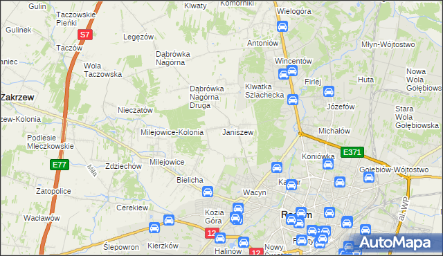 mapa Janiszew gmina Zakrzew, Janiszew gmina Zakrzew na mapie Targeo