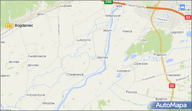mapa Jasiniec gmina Bogdaniec, Jasiniec gmina Bogdaniec na mapie Targeo