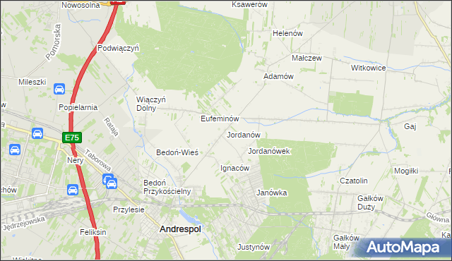 mapa Jordanów gmina Brzeziny, Jordanów gmina Brzeziny na mapie Targeo