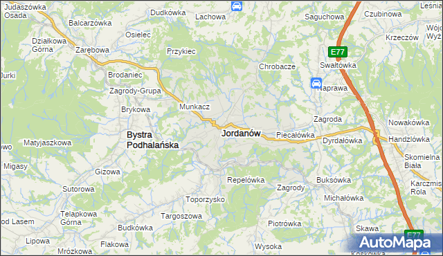 mapa Jordanów powiat suski, Jordanów powiat suski na mapie Targeo