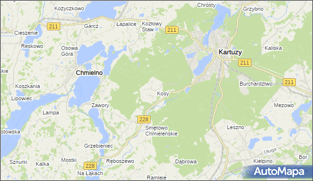 mapa Kosy gmina Kartuzy, Kosy gmina Kartuzy na mapie Targeo