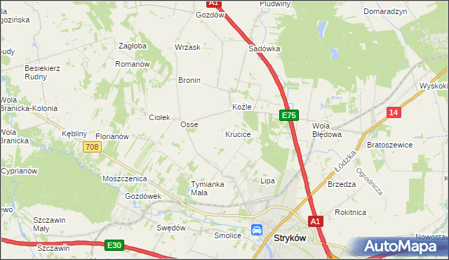 mapa Krucice gmina Stryków, Krucice gmina Stryków na mapie Targeo