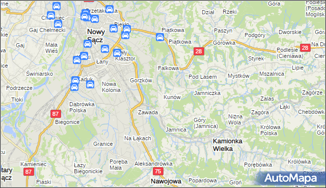 mapa Kunów gmina Chełmiec, Kunów gmina Chełmiec na mapie Targeo