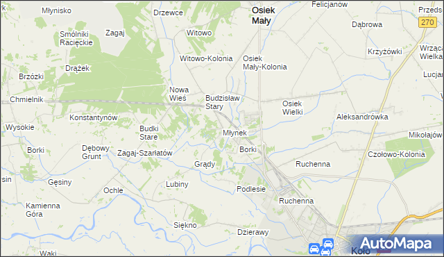 mapa Młynek gmina Osiek Mały, Młynek gmina Osiek Mały na mapie Targeo