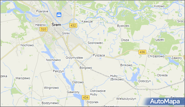 mapa Pysząca gmina Śrem, Pysząca gmina Śrem na mapie Targeo