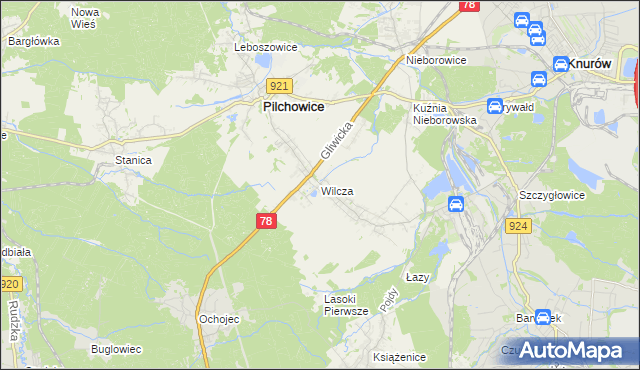 mapa Wilcza gmina Pilchowice, Wilcza gmina Pilchowice na mapie Targeo