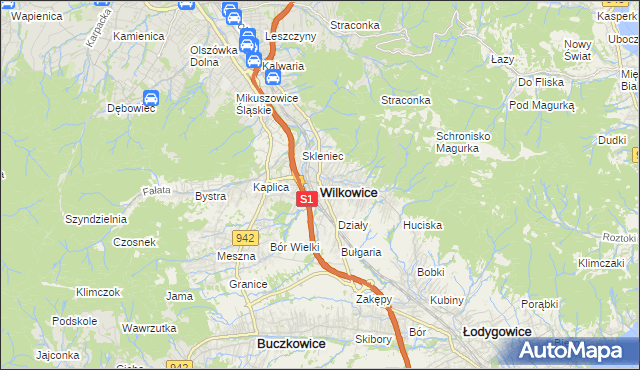 mapa Wilkowice powiat bielski, Wilkowice powiat bielski na mapie Targeo