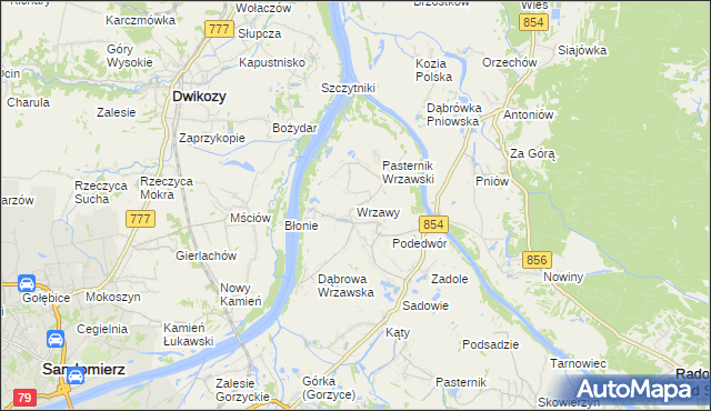 mapa Wrzawy gmina Gorzyce, Wrzawy gmina Gorzyce na mapie Targeo