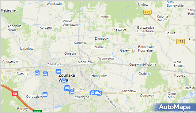 mapa Wymysłów gmina Zduńska Wola, Wymysłów gmina Zduńska Wola na mapie Targeo