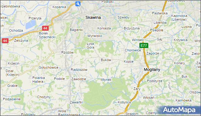 mapa Buków gmina Mogilany, Buków gmina Mogilany na mapie Targeo