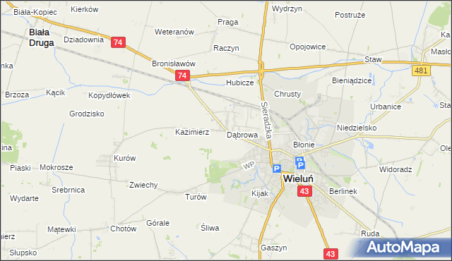 mapa Dąbrowa gmina Wieluń, Dąbrowa gmina Wieluń na mapie Targeo