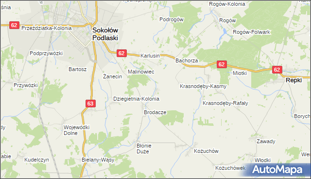 mapa Krasnodęby-Sypytki, Krasnodęby-Sypytki na mapie Targeo