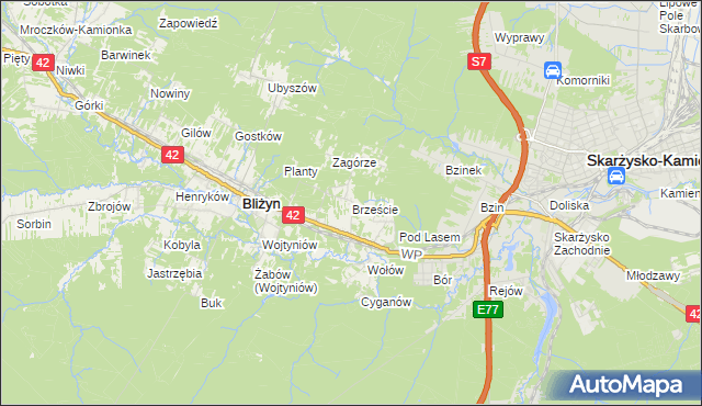 mapa Brzeście gmina Bliżyn, Brzeście gmina Bliżyn na mapie Targeo