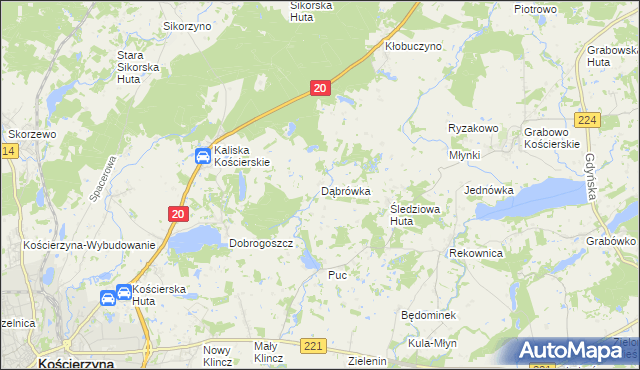 mapa Dąbrówka gmina Kościerzyna, Dąbrówka gmina Kościerzyna na mapie Targeo