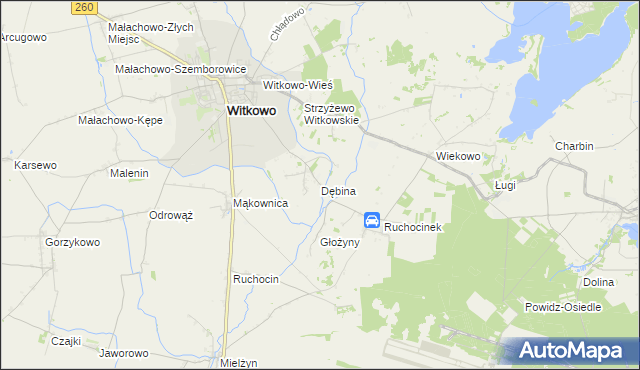 mapa Dębina gmina Witkowo, Dębina gmina Witkowo na mapie Targeo