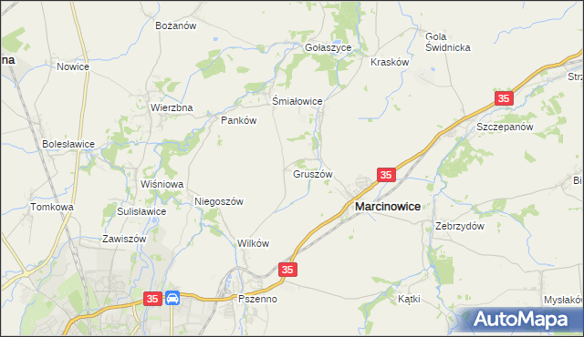 mapa Gruszów gmina Marcinowice, Gruszów gmina Marcinowice na mapie Targeo