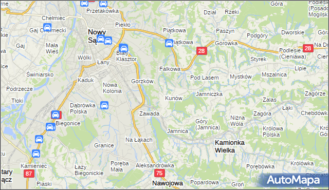 mapa Kunów gmina Chełmiec, Kunów gmina Chełmiec na mapie Targeo