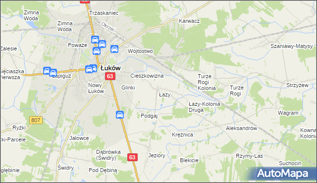 mapa Łazy gmina Łuków, Łazy gmina Łuków na mapie Targeo