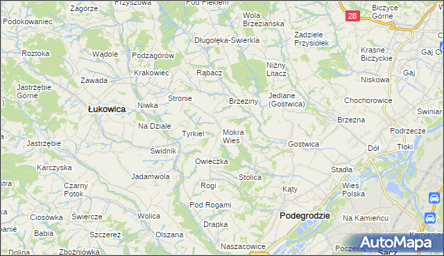 mapa Mokra Wieś gmina Podegrodzie, Mokra Wieś gmina Podegrodzie na mapie Targeo