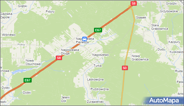 mapa Nagoszewo gmina Ostrów Mazowiecka, Nagoszewo gmina Ostrów Mazowiecka na mapie Targeo