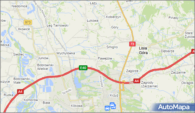 mapa Pawęzów gmina Lisia Góra, Pawęzów gmina Lisia Góra na mapie Targeo