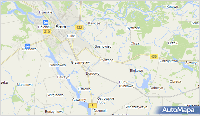 mapa Pysząca gmina Śrem, Pysząca gmina Śrem na mapie Targeo