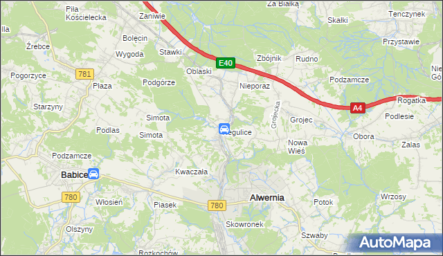 mapa Regulice gmina Alwernia, Regulice gmina Alwernia na mapie Targeo