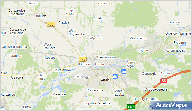 mapa Wiewiórczyn gmina Łask, Wiewiórczyn gmina Łask na mapie Targeo