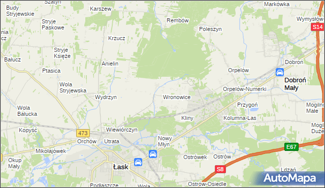 mapa Wronowice gmina Łask, Wronowice gmina Łask na mapie Targeo