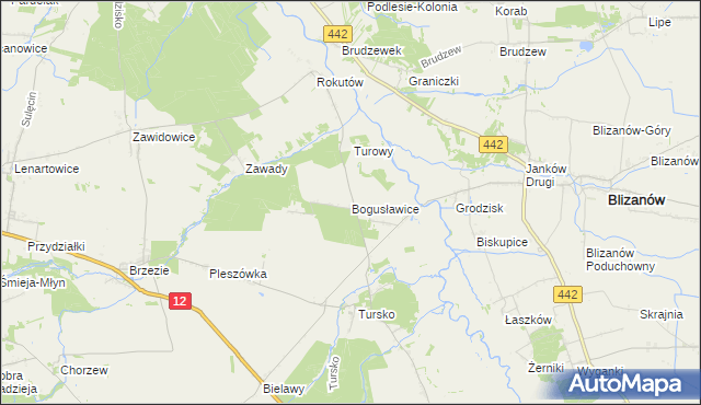 mapa Bogusławice gmina Gołuchów, Bogusławice gmina Gołuchów na mapie Targeo