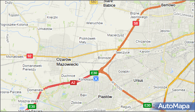 mapa Bronisze gmina Ożarów Mazowiecki, Bronisze gmina Ożarów Mazowiecki na mapie Targeo
