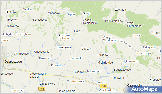 mapa Dębiany gmina Działoszyce, Dębiany gmina Działoszyce na mapie Targeo