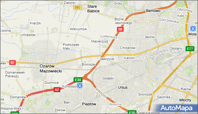 mapa Jawczyce gmina Ożarów Mazowiecki, Jawczyce gmina Ożarów Mazowiecki na mapie Targeo