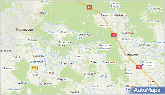 mapa Kozów gmina Smyków, Kozów gmina Smyków na mapie Targeo