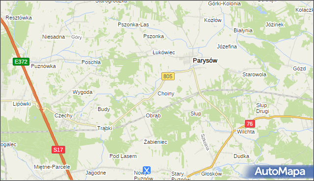 mapa Choiny gmina Parysów, Choiny gmina Parysów na mapie Targeo