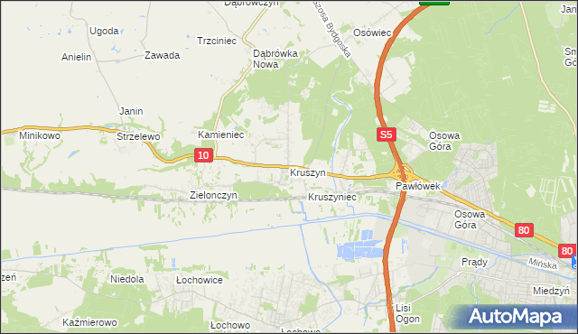 mapa Kruszyn gmina Sicienko, Kruszyn gmina Sicienko na mapie Targeo