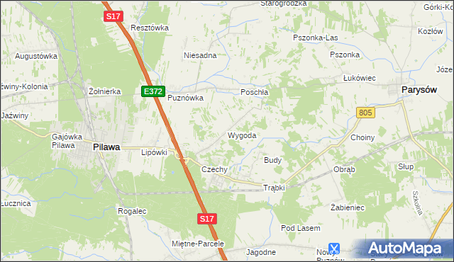 mapa Wygoda gmina Pilawa, Wygoda gmina Pilawa na mapie Targeo