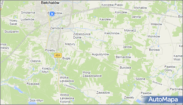 mapa Augustynów gmina Bełchatów, Augustynów gmina Bełchatów na mapie Targeo