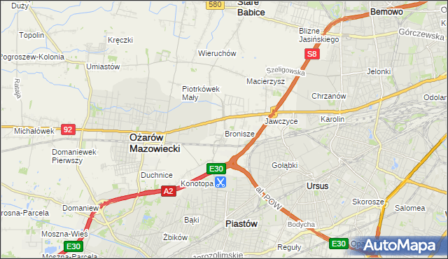 mapa Bronisze gmina Ożarów Mazowiecki, Bronisze gmina Ożarów Mazowiecki na mapie Targeo