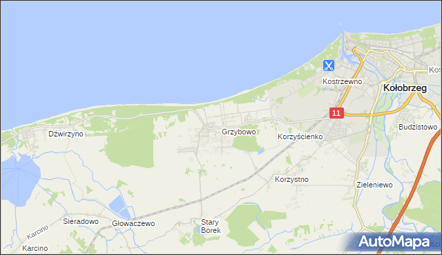 mapa Grzybowo gmina Kołobrzeg, Grzybowo gmina Kołobrzeg na mapie Targeo