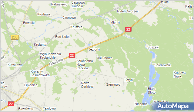 mapa Jakubowo gmina Chojnice, Jakubowo gmina Chojnice na mapie Targeo