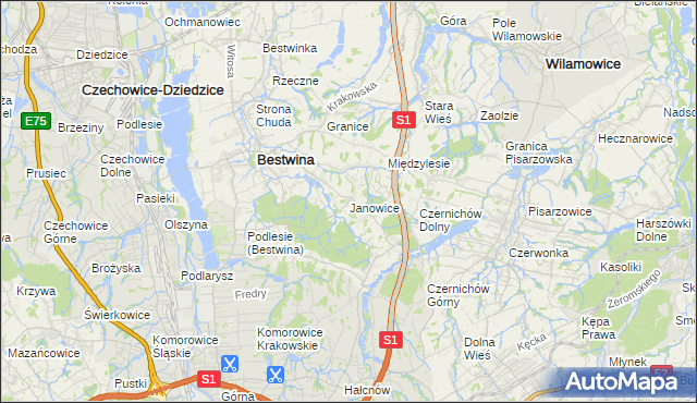 mapa Janowice gmina Bestwina, Janowice gmina Bestwina na mapie Targeo