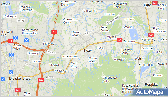 mapa Kozy powiat bielski, Kozy powiat bielski na mapie Targeo