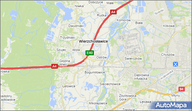 mapa Ostrów gmina Wierzchosławice, Ostrów gmina Wierzchosławice na mapie Targeo