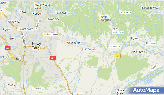 mapa Ostrowsko gmina Nowy Targ, Ostrowsko gmina Nowy Targ na mapie Targeo