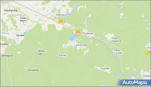 mapa Sarbinowo gmina Dobiegniew, Sarbinowo gmina Dobiegniew na mapie Targeo