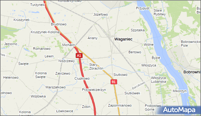 mapa Zbrachlin gmina Waganiec, Zbrachlin gmina Waganiec na mapie Targeo