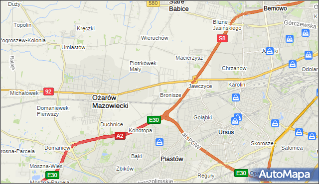 mapa Bronisze gmina Ożarów Mazowiecki, Bronisze gmina Ożarów Mazowiecki na mapie Targeo